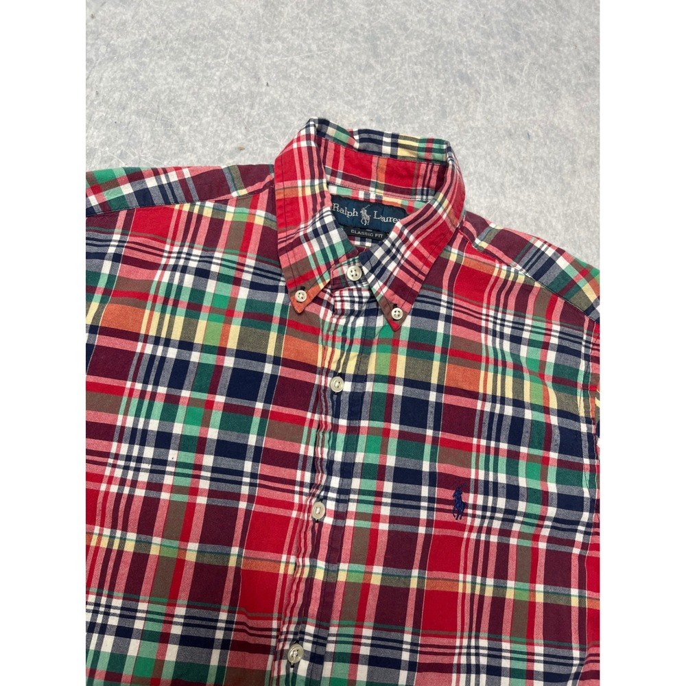 Ralph Lauren Mens Classic Fit Plaid Short Sleeve Button Down Shirt Red‎ Green M